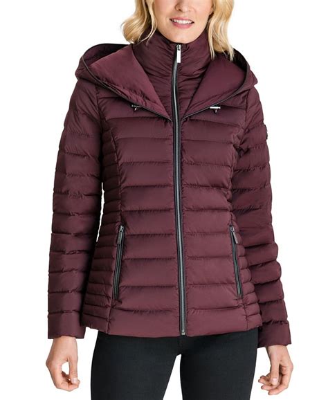 michael michael kors hooded stretch down packable puffer coat|Michael Kors lightweight down jacket.